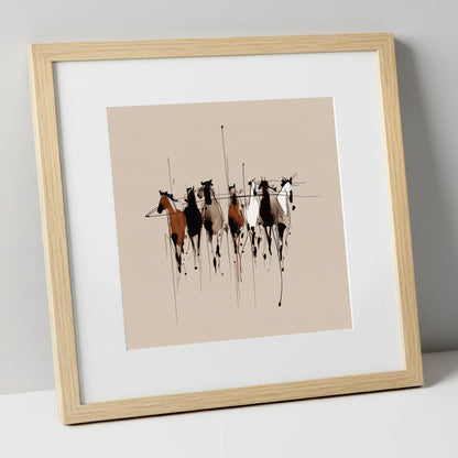 The Fluid Herd wild horses art print in natural frame