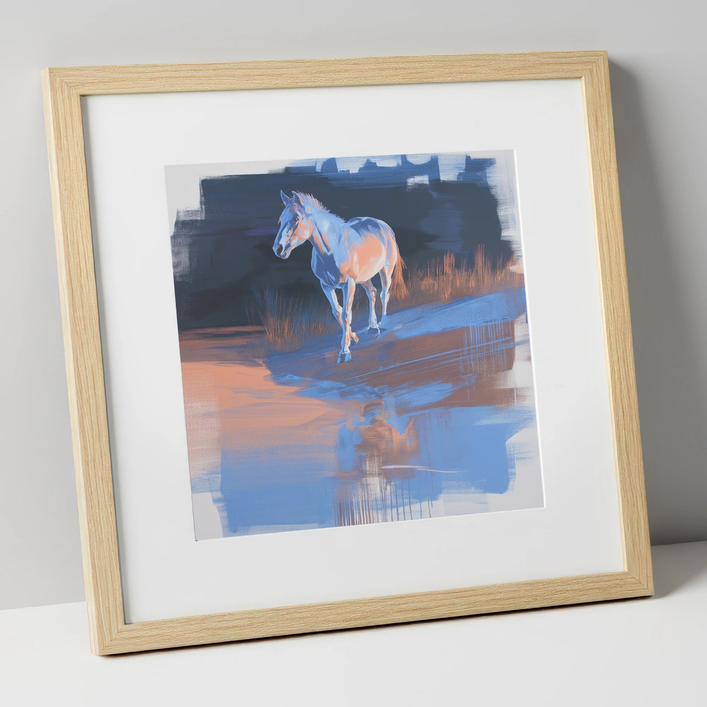 Cobalt Dawn Crossing horse landscape art print in natural frame