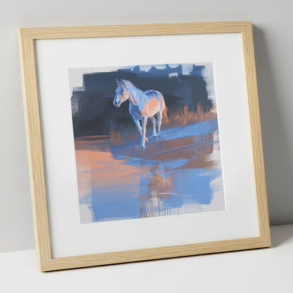 Cobalt Dawn Crossing horse landscape art print in natural frame