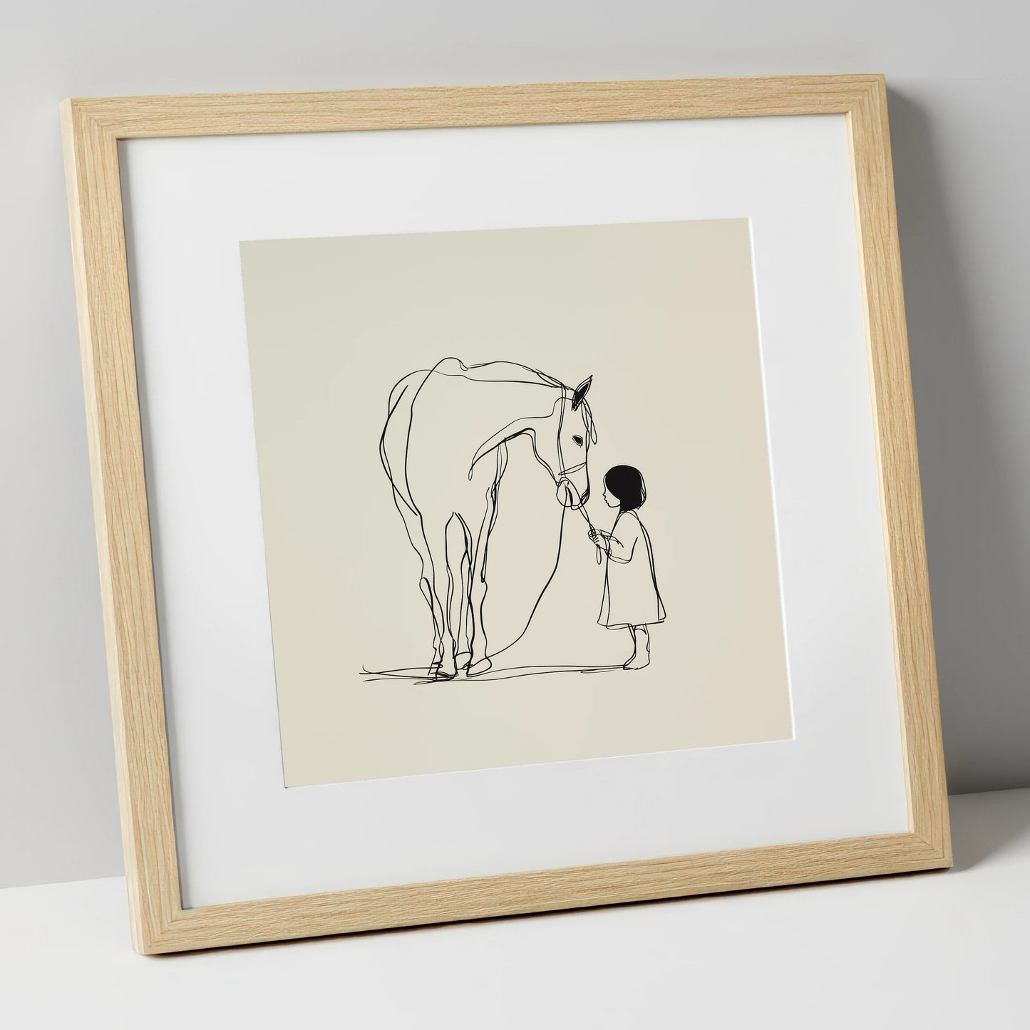 Quiet Trust horse & rider art print in natural frame