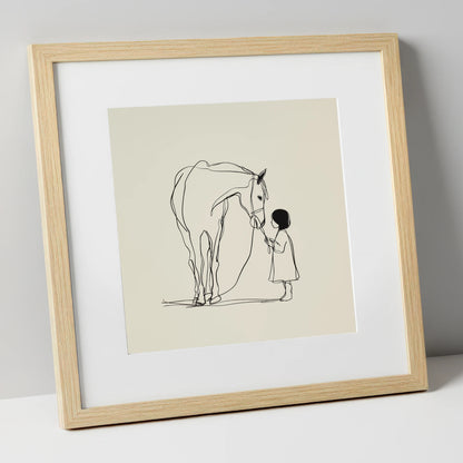 Quiet Trust horse & rider art print in natural frame