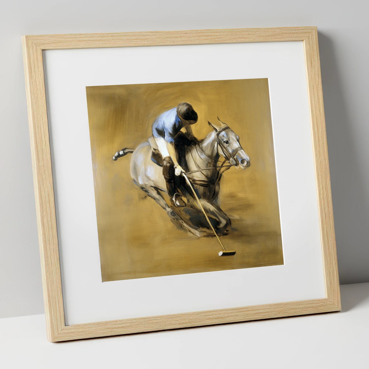 The Decisive Swing polo horse art print in natural frame