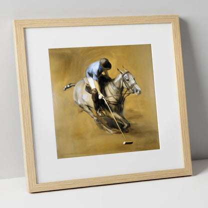The Decisive Swing polo horse art print in natural frame