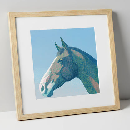 The Azure Profile horse portrait art print in natural frame