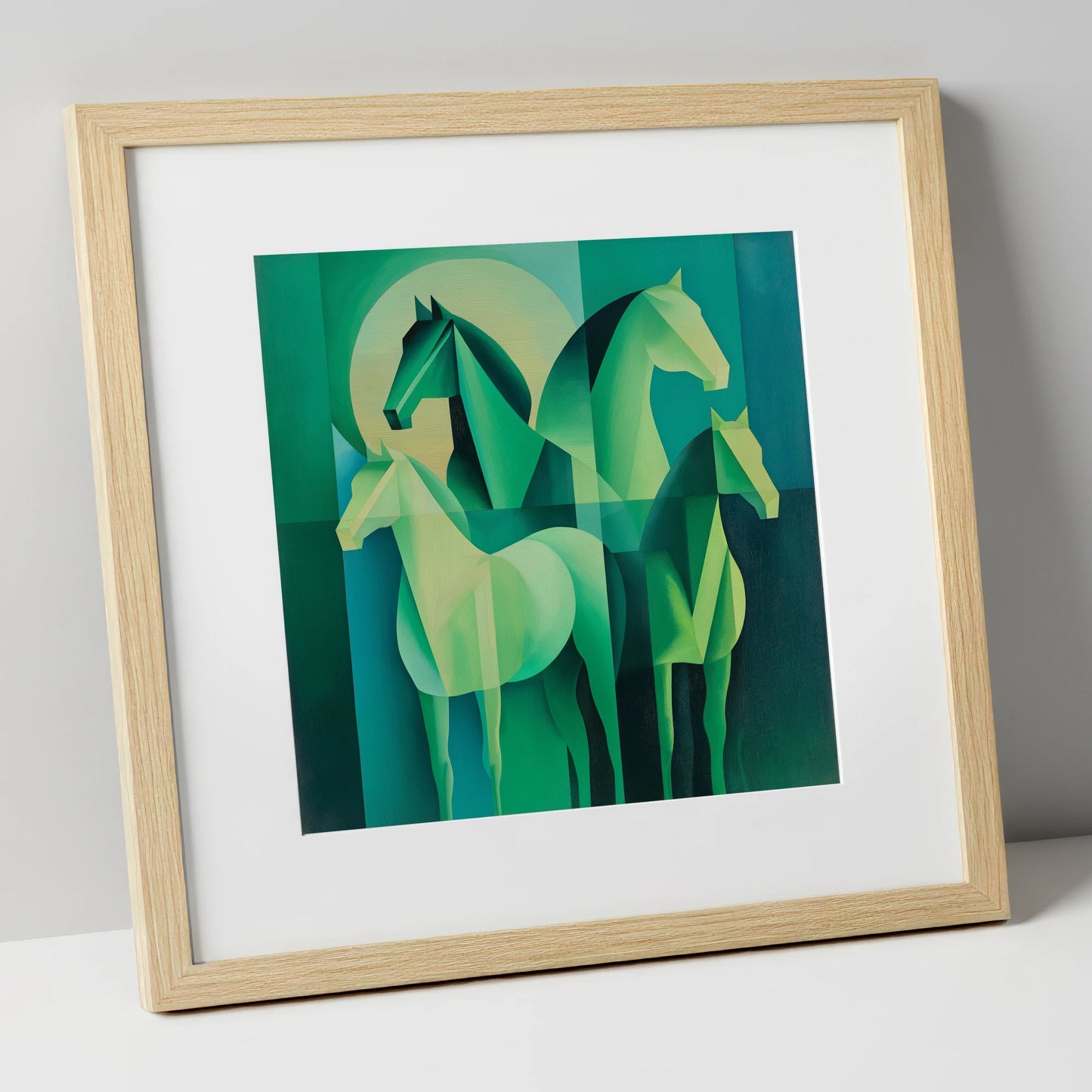 Emerald Herd Harmony wild horses art print in natural frame