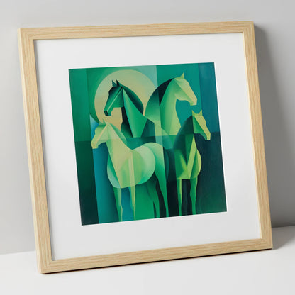 Emerald Herd Harmony wild horses art print in natural frame