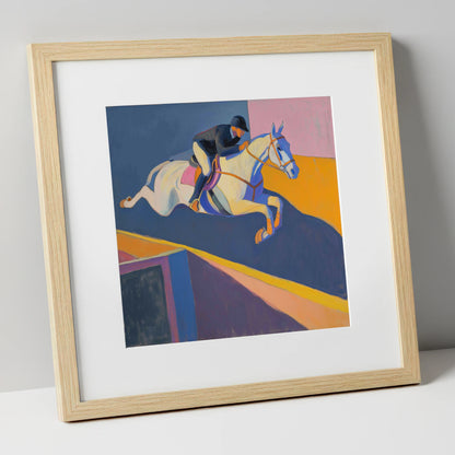 Bold Flight show jumping horse art print in natural frame