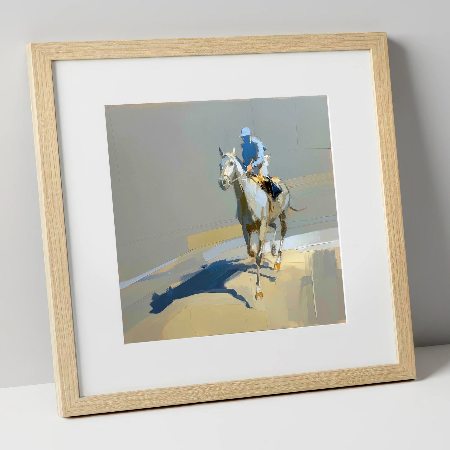 Shadows in the Paddock racing horse art print in natural frame