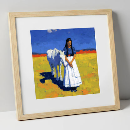 Sunlit Companion horse & rider art print in natural frame