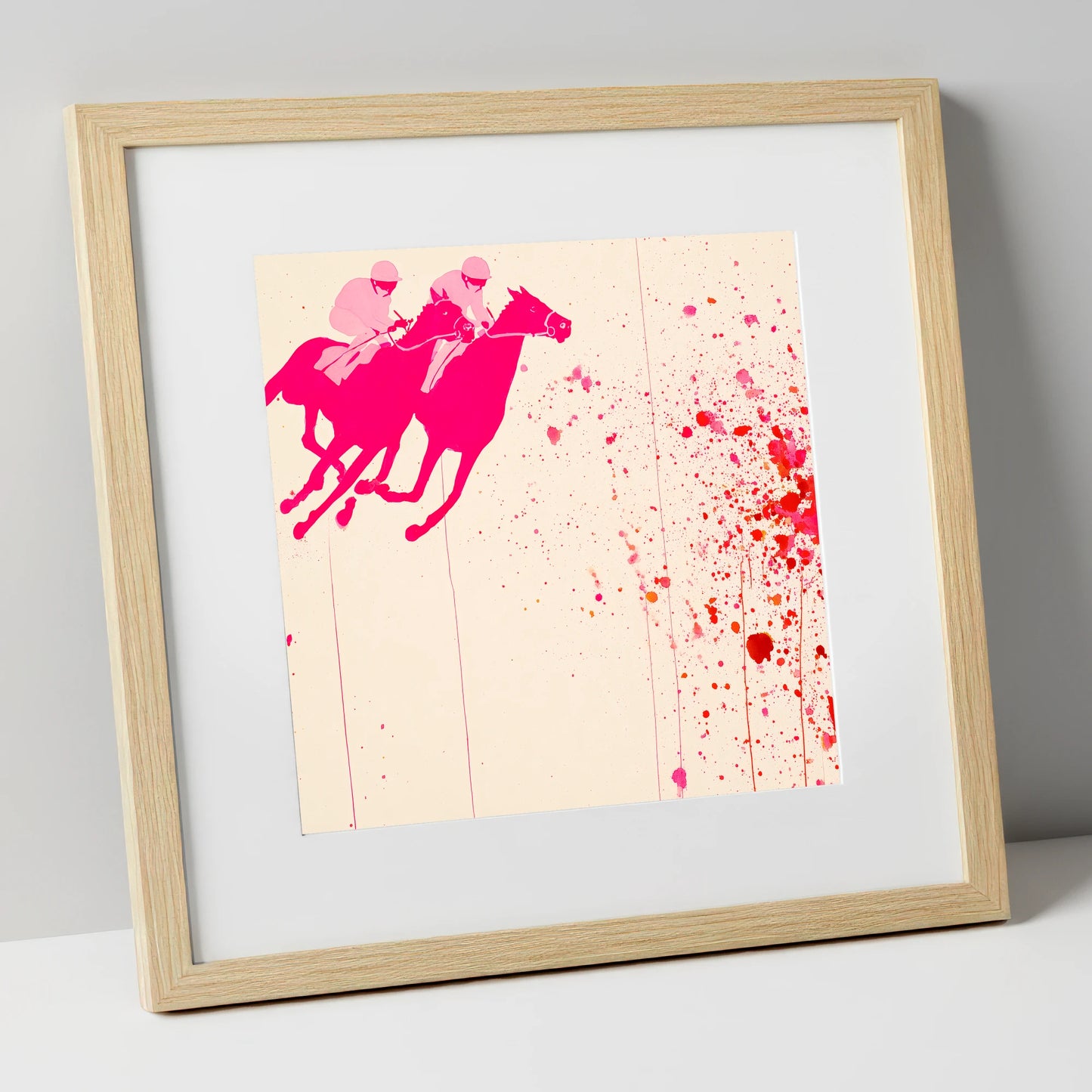 Vibrant Photo Finish racing horse art print in natural frame