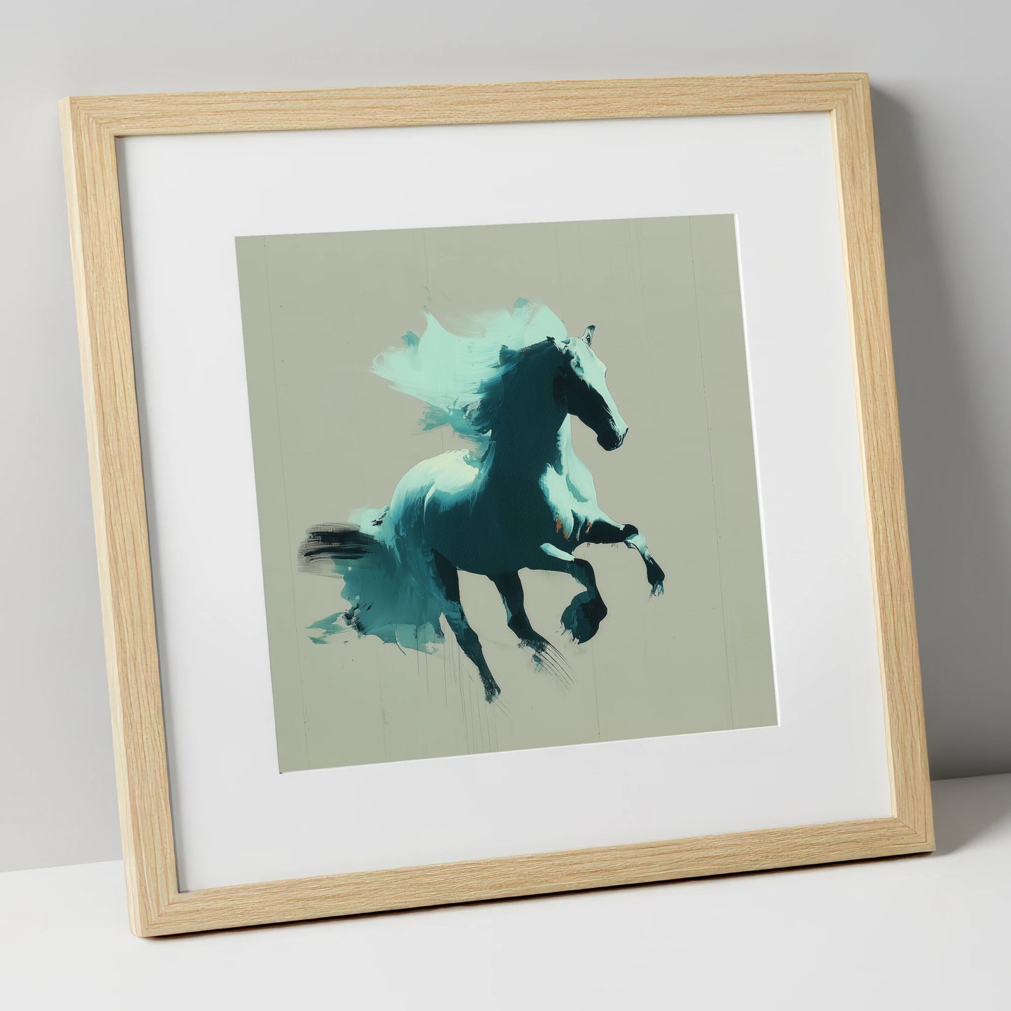 Dynamic Teal Stallion horse breed art print in natural frame