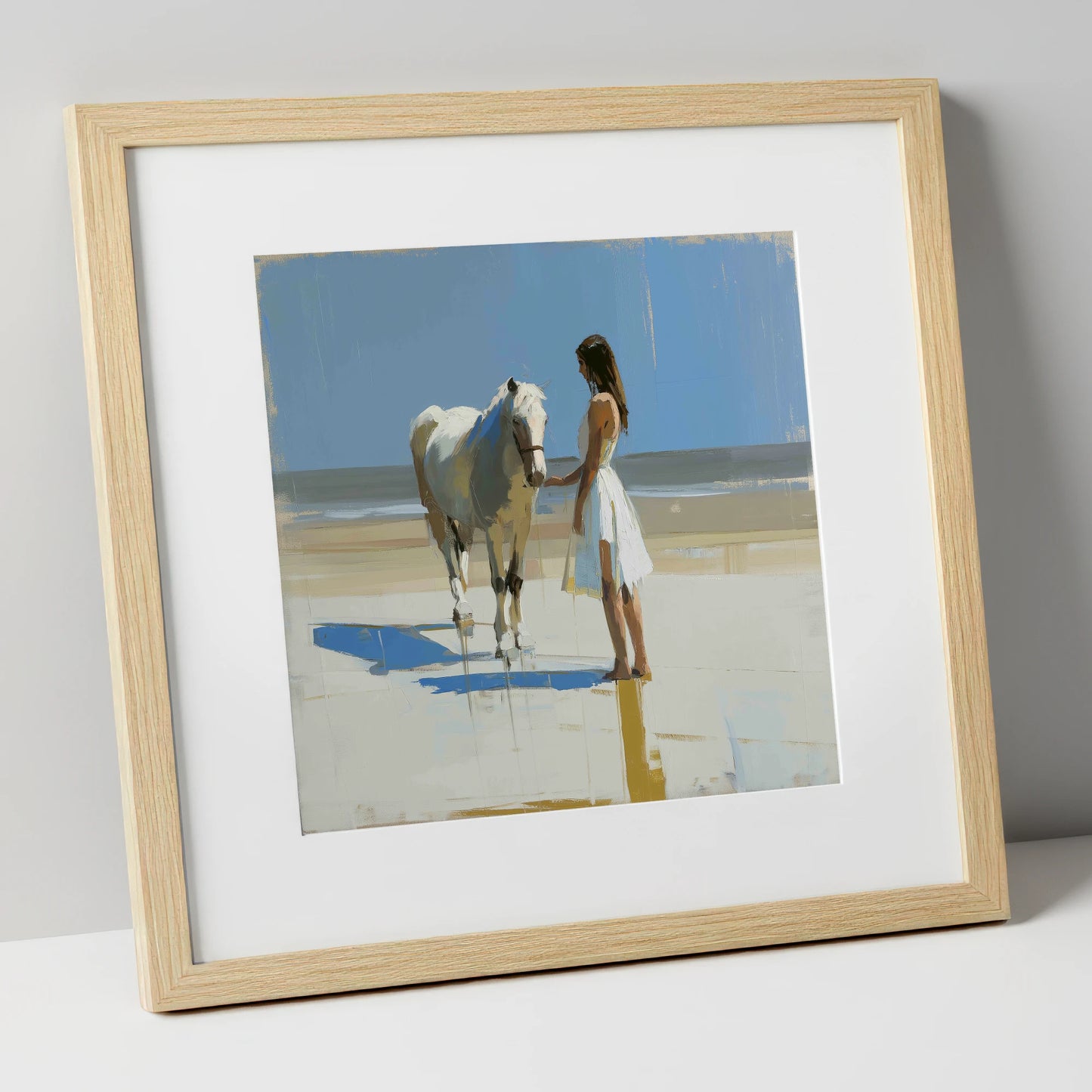 Serenity at Tide's Edge horse & rider art print in natural frame