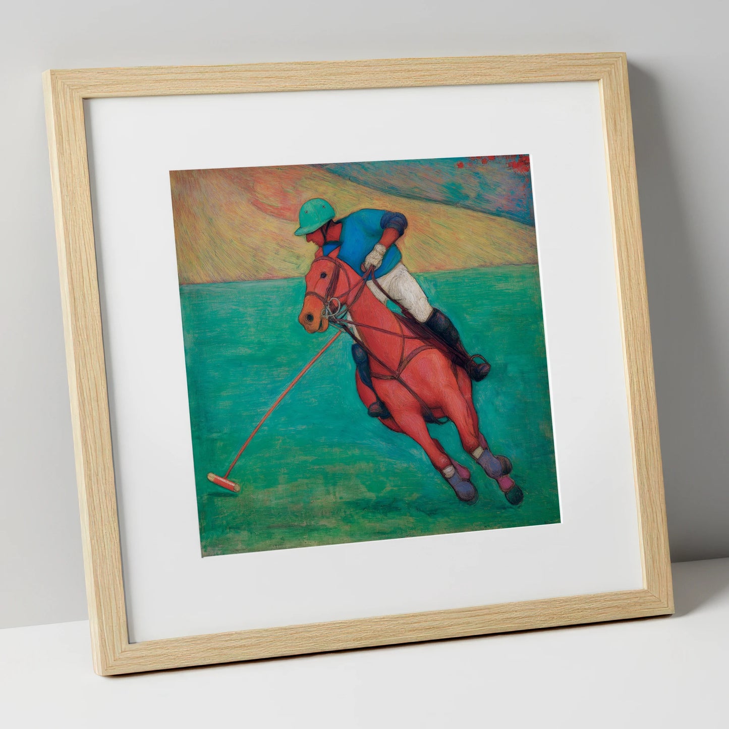 The Crimson Chukka polo horse art print in natural frame