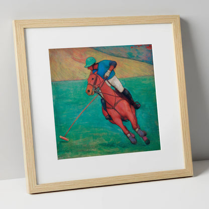 The Crimson Chukka polo horse art print in natural frame