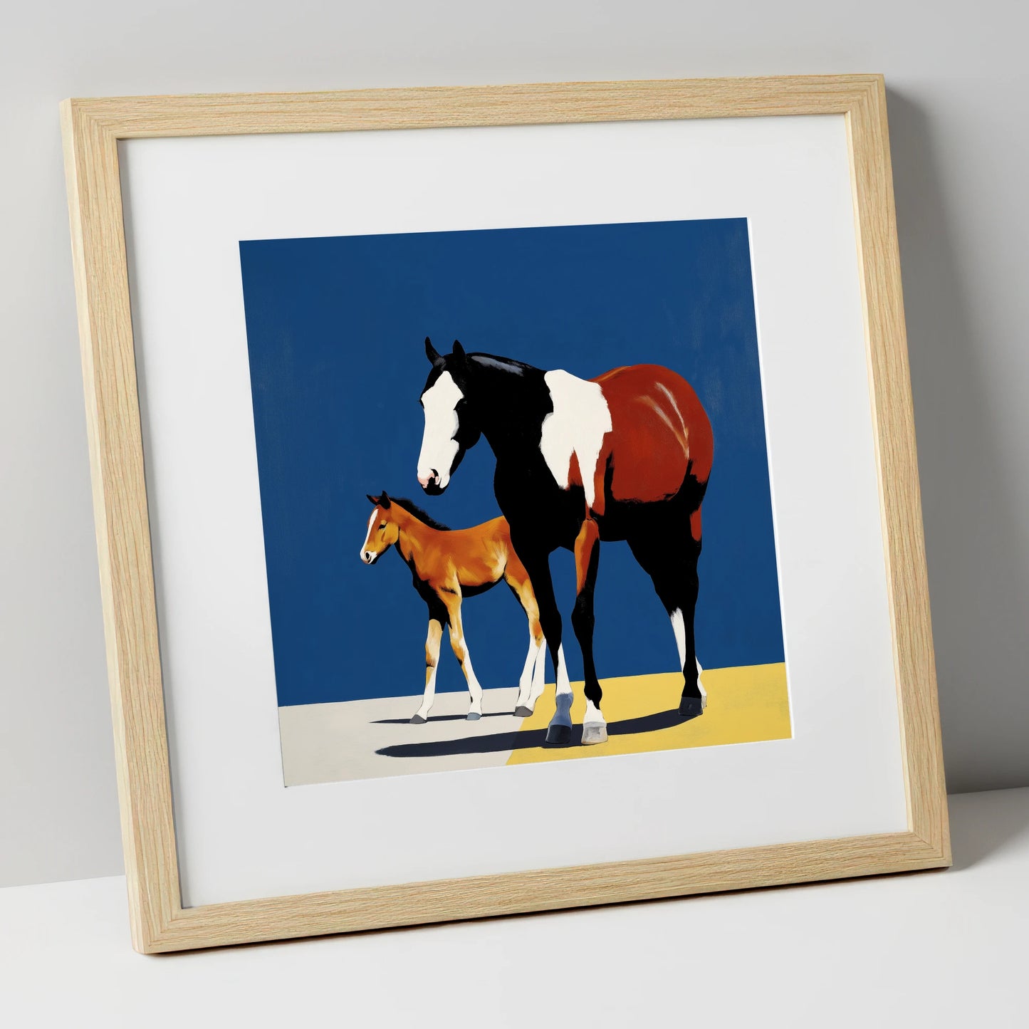 Striking Skewbald Bond mare & foal art print in natural frame