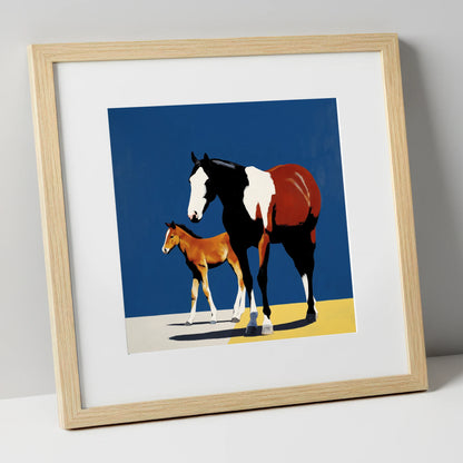 Striking Skewbald Bond mare & foal art print in natural frame