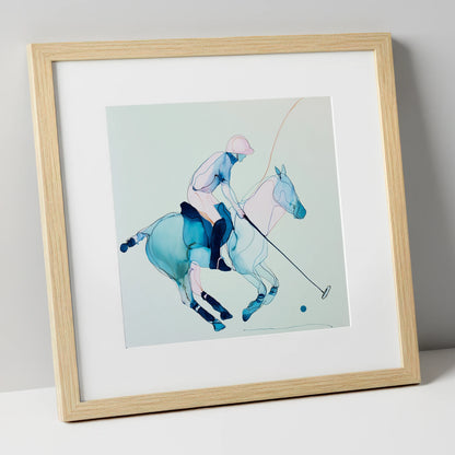 Cerulean Chukka polo horse art print in natural frame