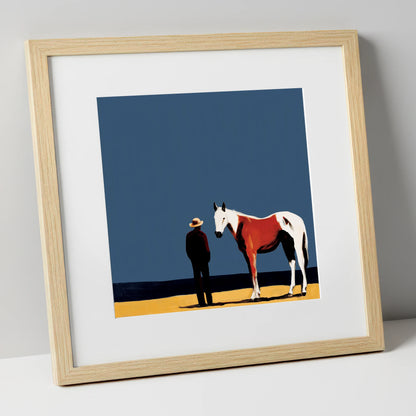 The Quiet Horizon horse & rider art print in natural frame