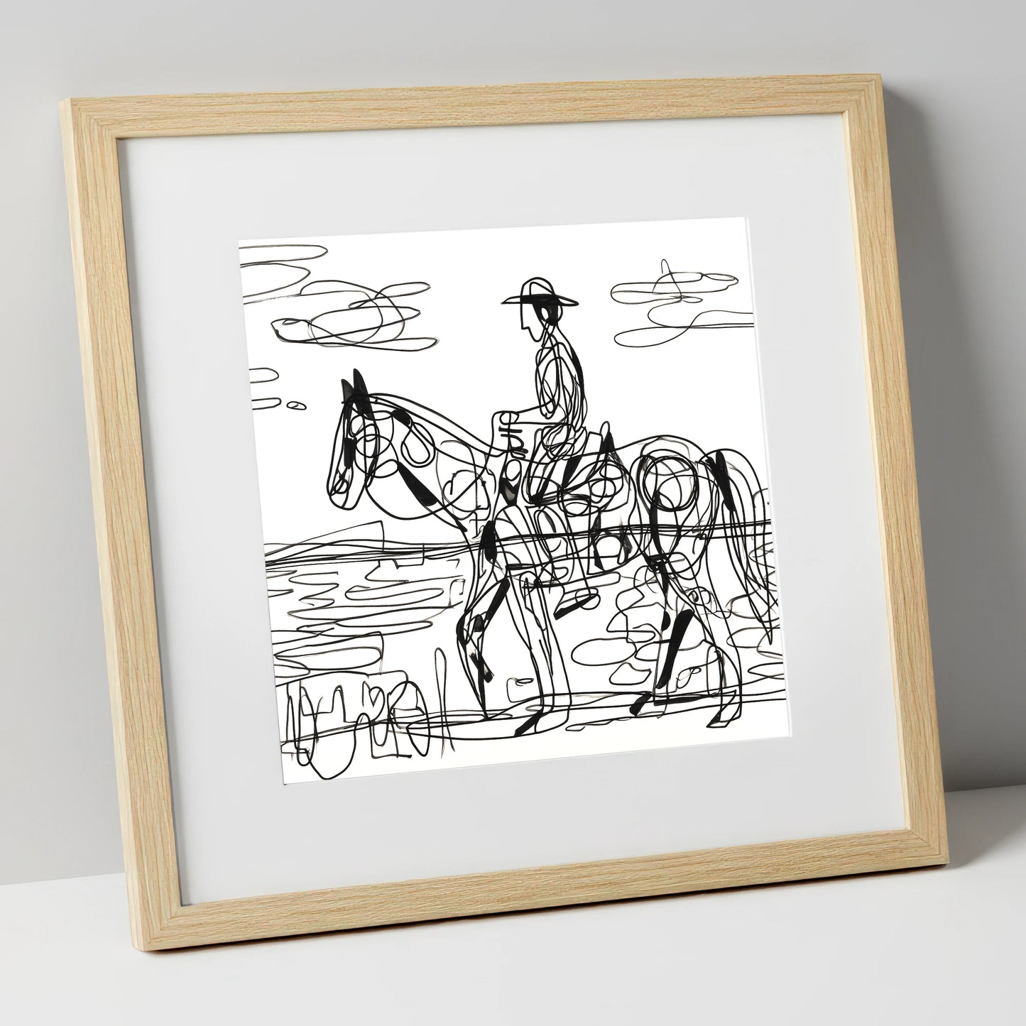 Linear Beach Ride beach horse art print in natural frame