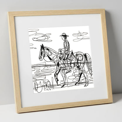 Linear Beach Ride beach horse art print in natural frame