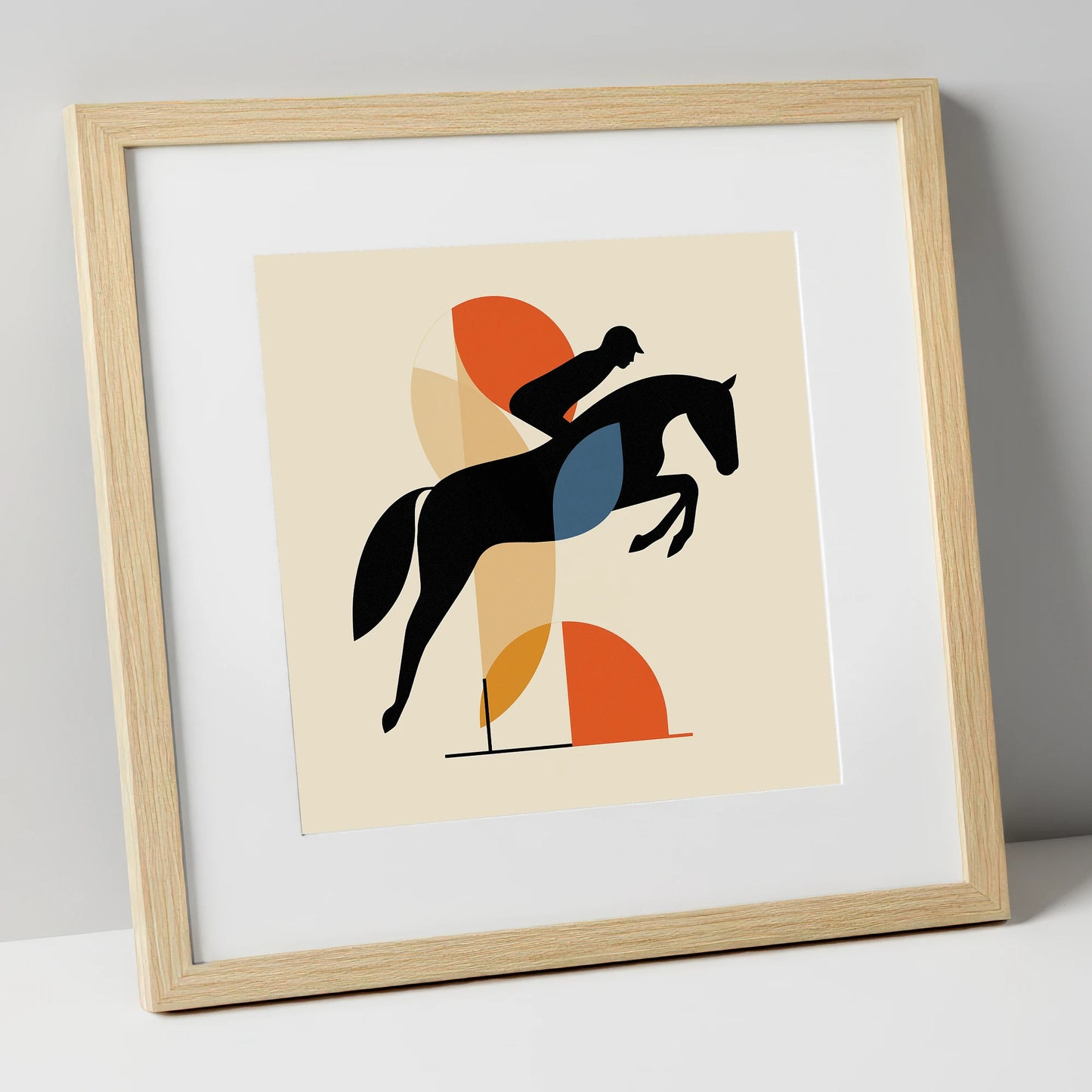 The Geometric Leap show jumping horse art print in natural frame