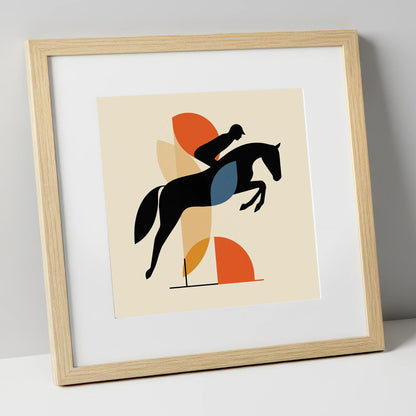 The Geometric Leap show jumping horse art print in natural frame