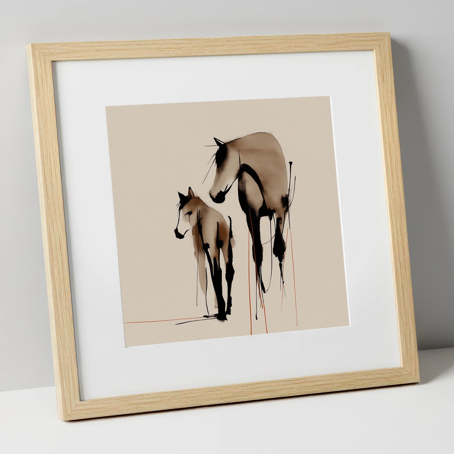 Quiet Devotion mare & foal art print in natural frame