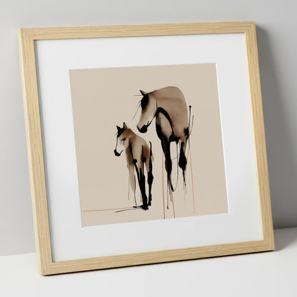 Quiet Devotion mare & foal art print in natural frame