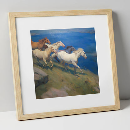 Azure Coastal Gallop wild horses art print in natural frame