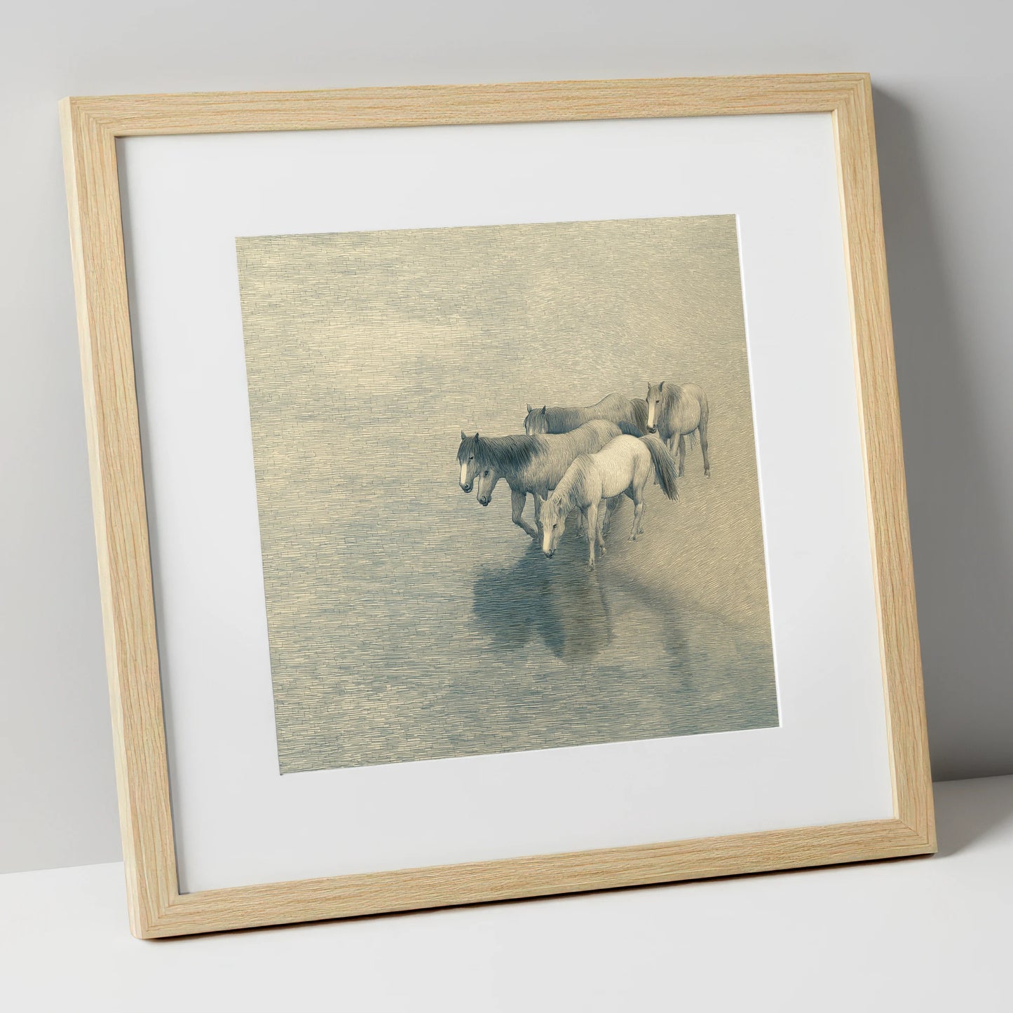 Reflections of the Herd wild horses art print in natural frame