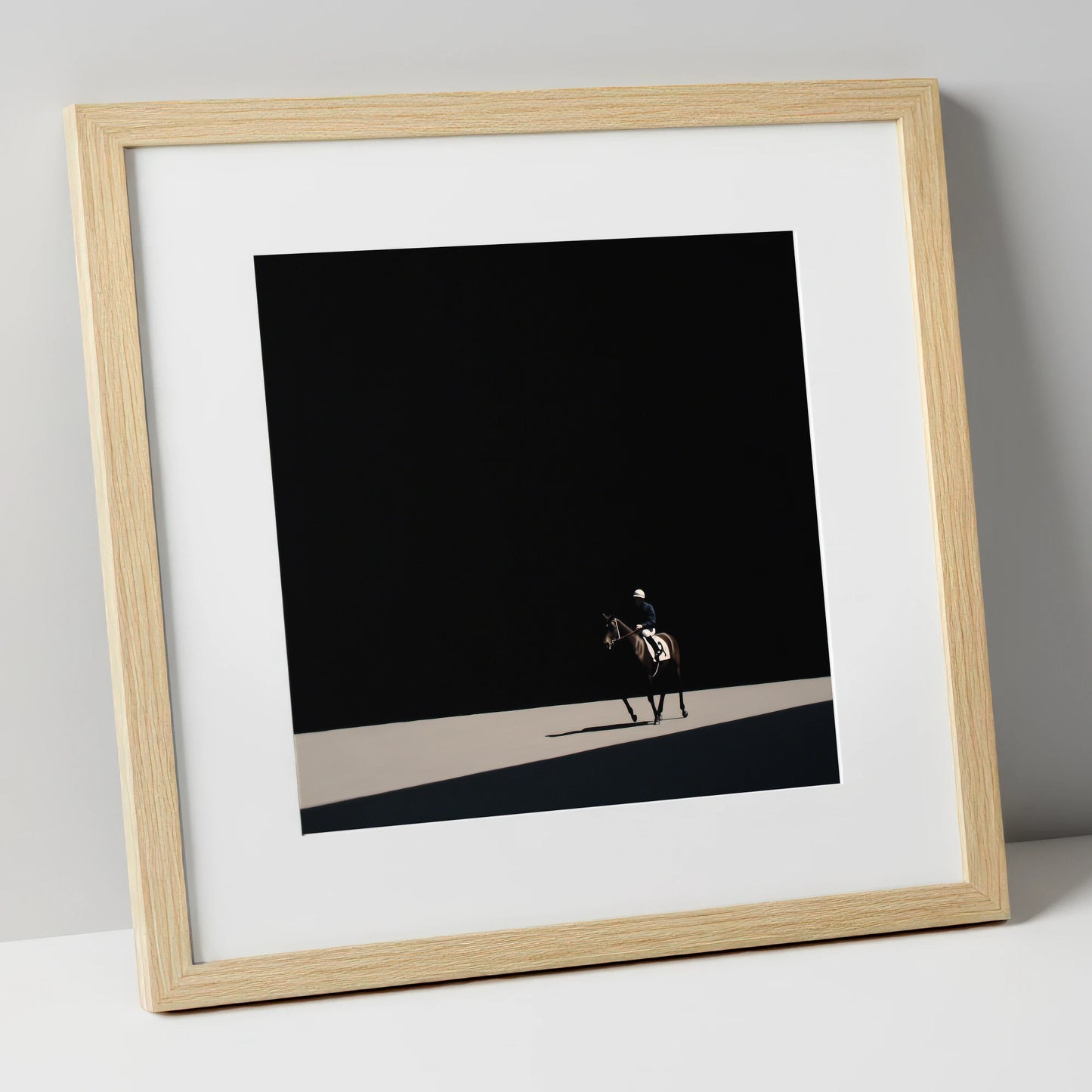 Out of the Shadows racing horse art print in natural frame