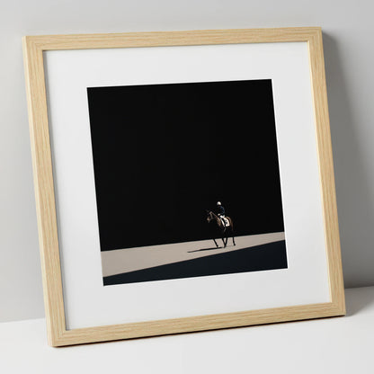 Out of the Shadows racing horse art print in natural frame