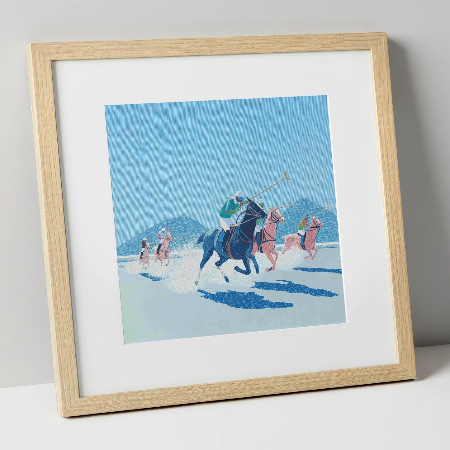 Azure Polo Pursuit polo horse art print in natural frame