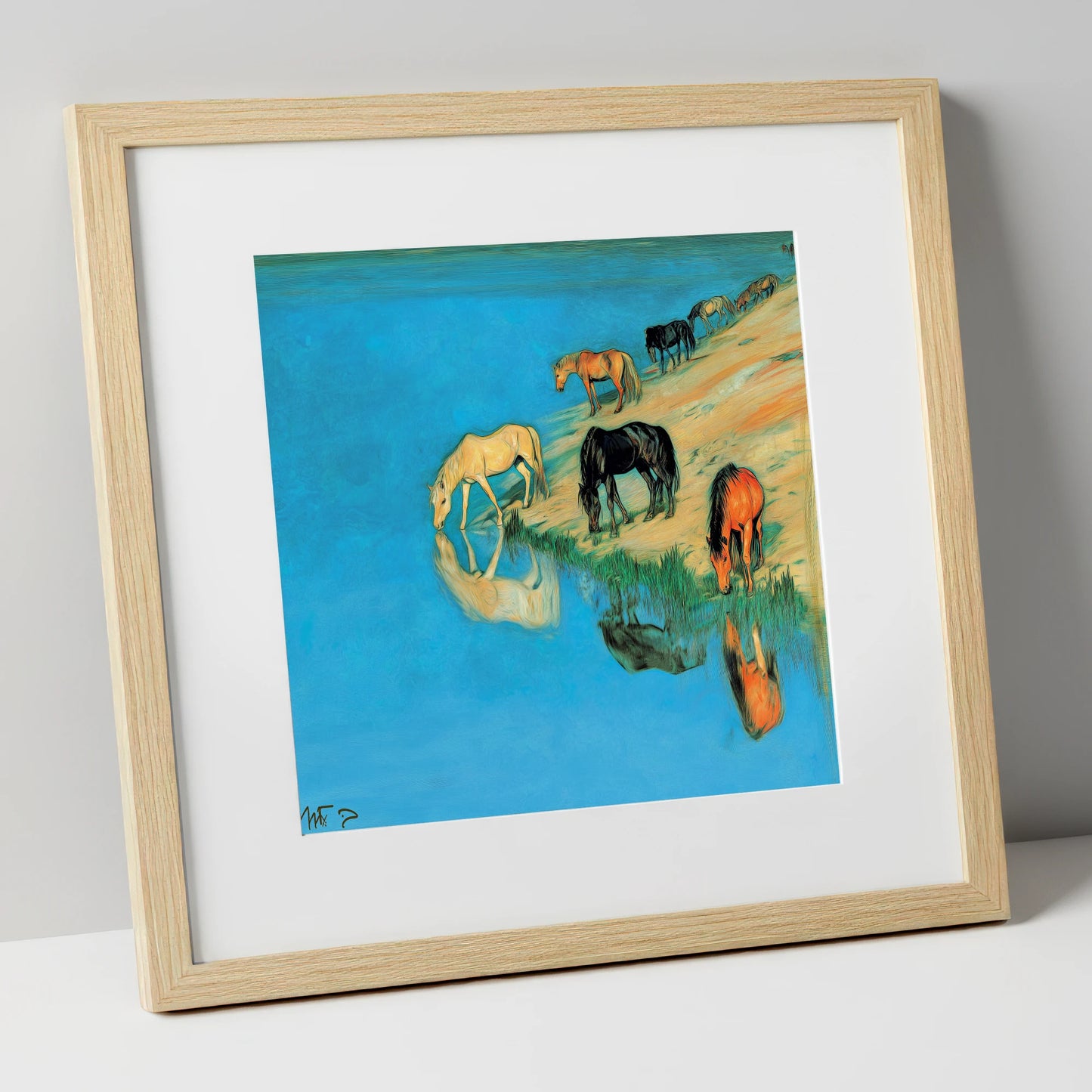 Azure Bank Reflections wild horses art print in natural frame
