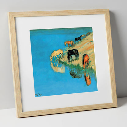 Azure Bank Reflections wild horses art print in natural frame