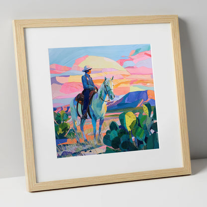 Painted Desert Rider western horse art print in natural frame