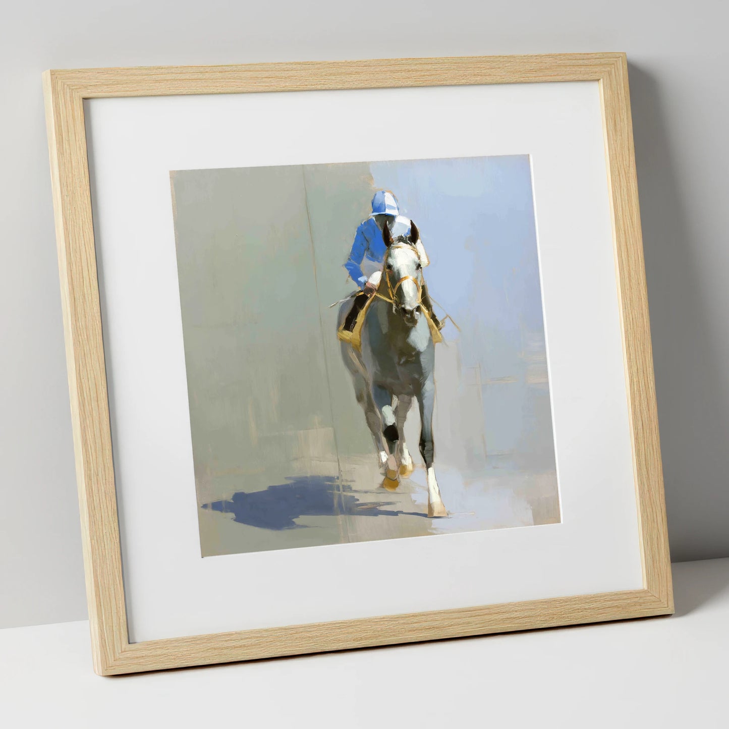 The Grey Challenger racing horse art print in natural frame