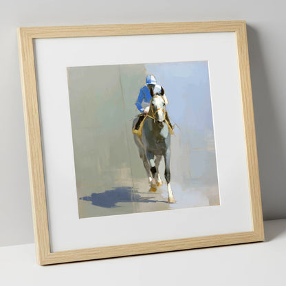 The Grey Challenger racing horse art print in natural frame