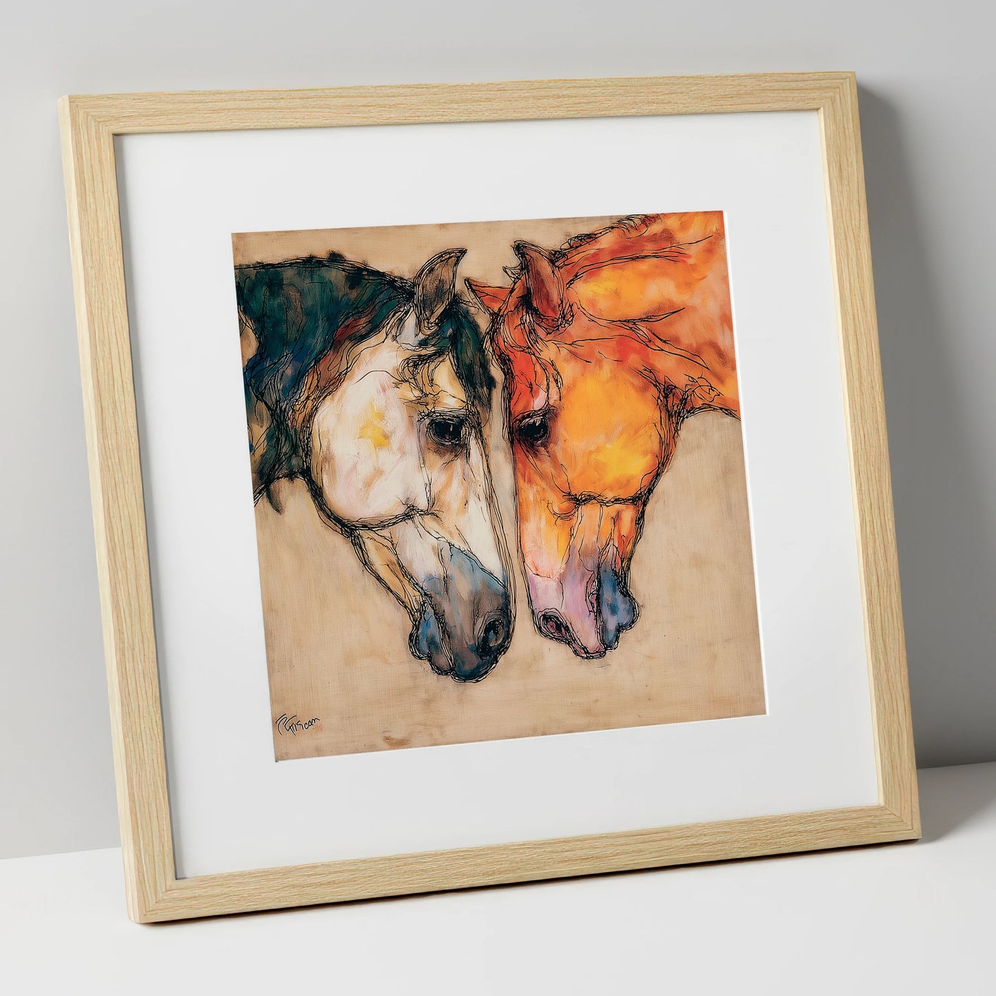 Kindred Spirits horse portrait art print in natural frame