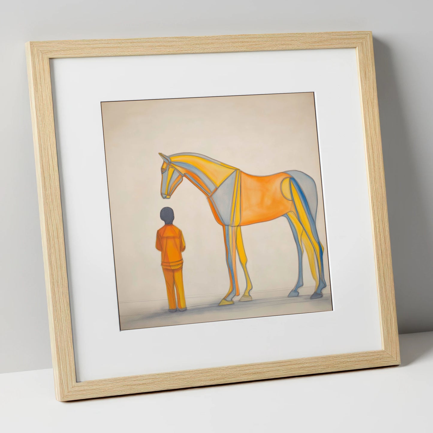 Structural Harmony horse & rider art print in natural frame
