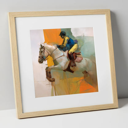 Flight in Vibrant Colour show jumping horse art print in natural frame