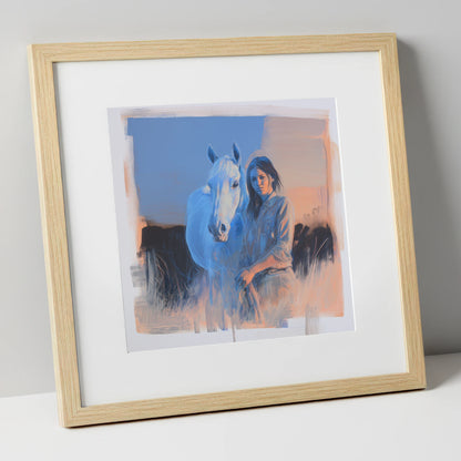 The Silent Connection horse & rider art print in natural frame