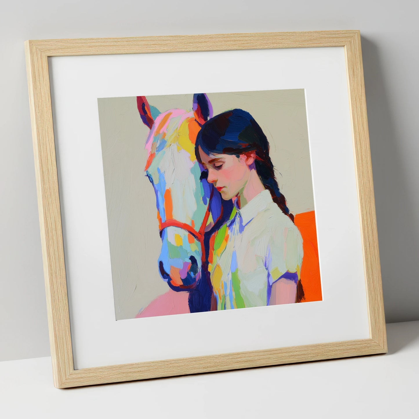 Vibrant Bond horse & rider art print in natural frame