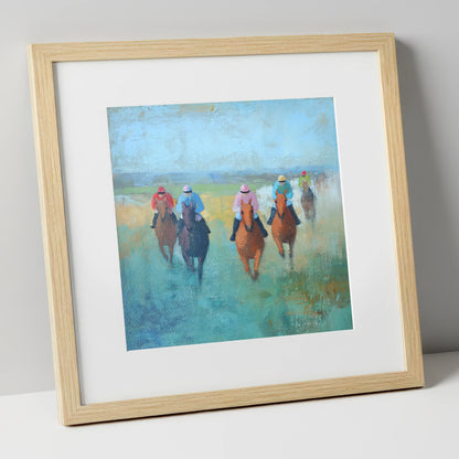 Through the Mist racing horse art print in natural frame