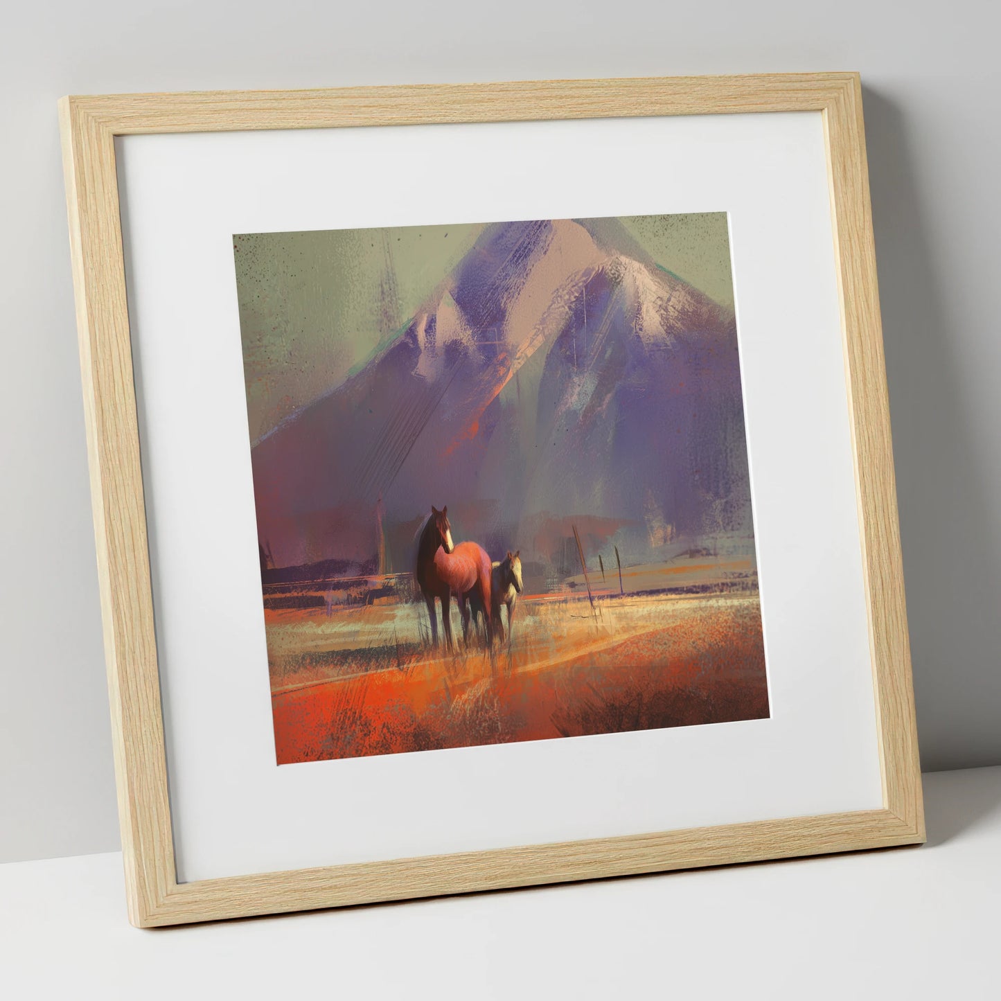 Amber Mountain Pastures horse landscape art print in natural frame