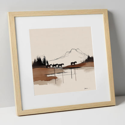 Mountain Pasture Silhouettes horse landscape art print in natural frame