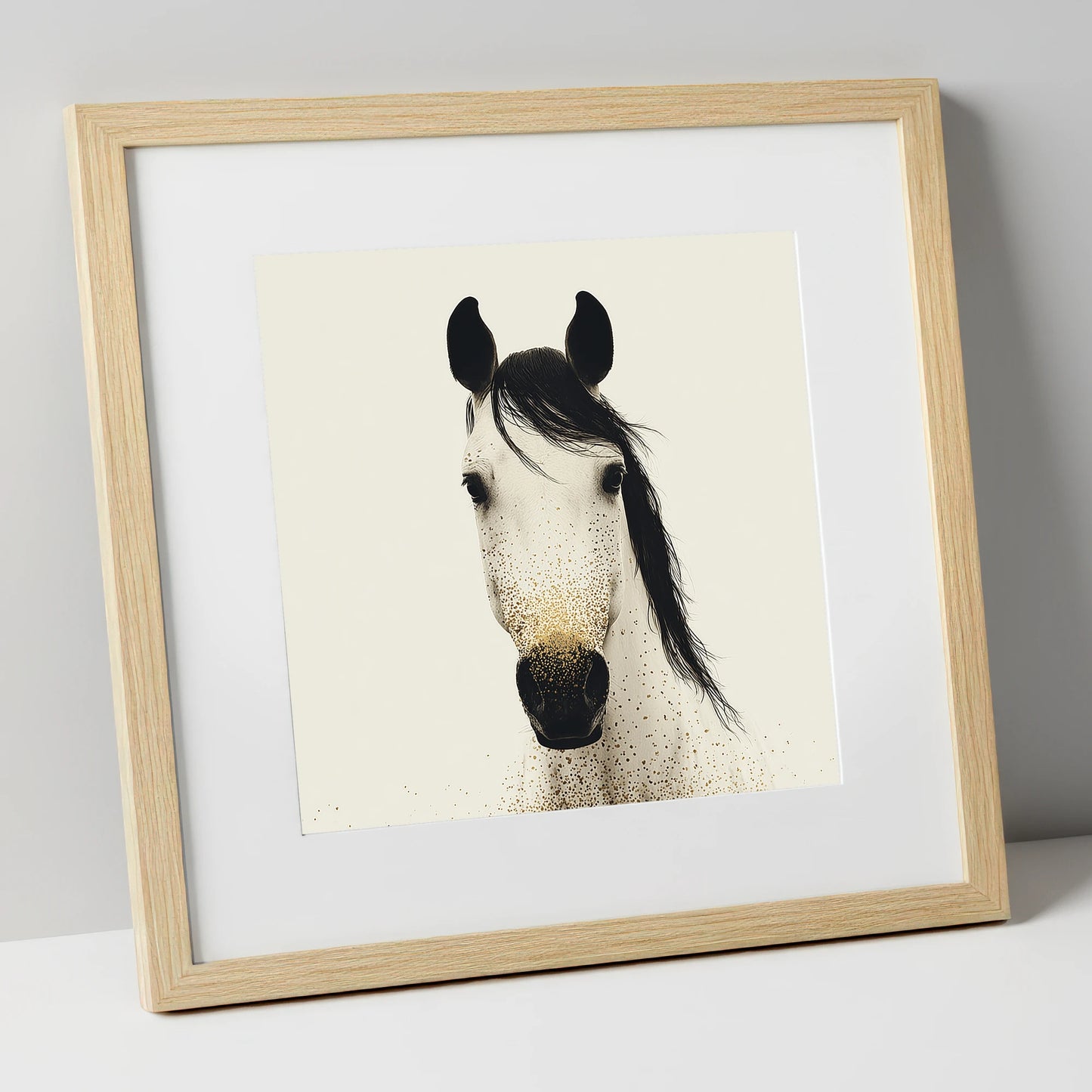 Gilded Equine Gaze horse portrait art print in natural frame