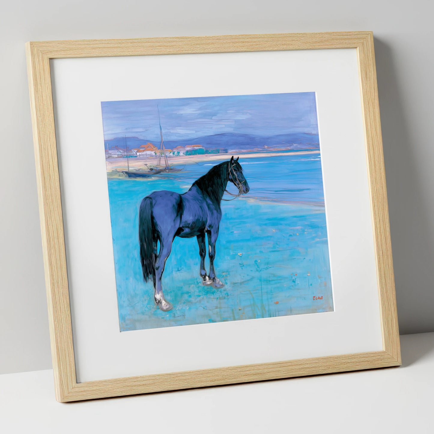 Azure Coast Equine horse landscape art print in natural frame