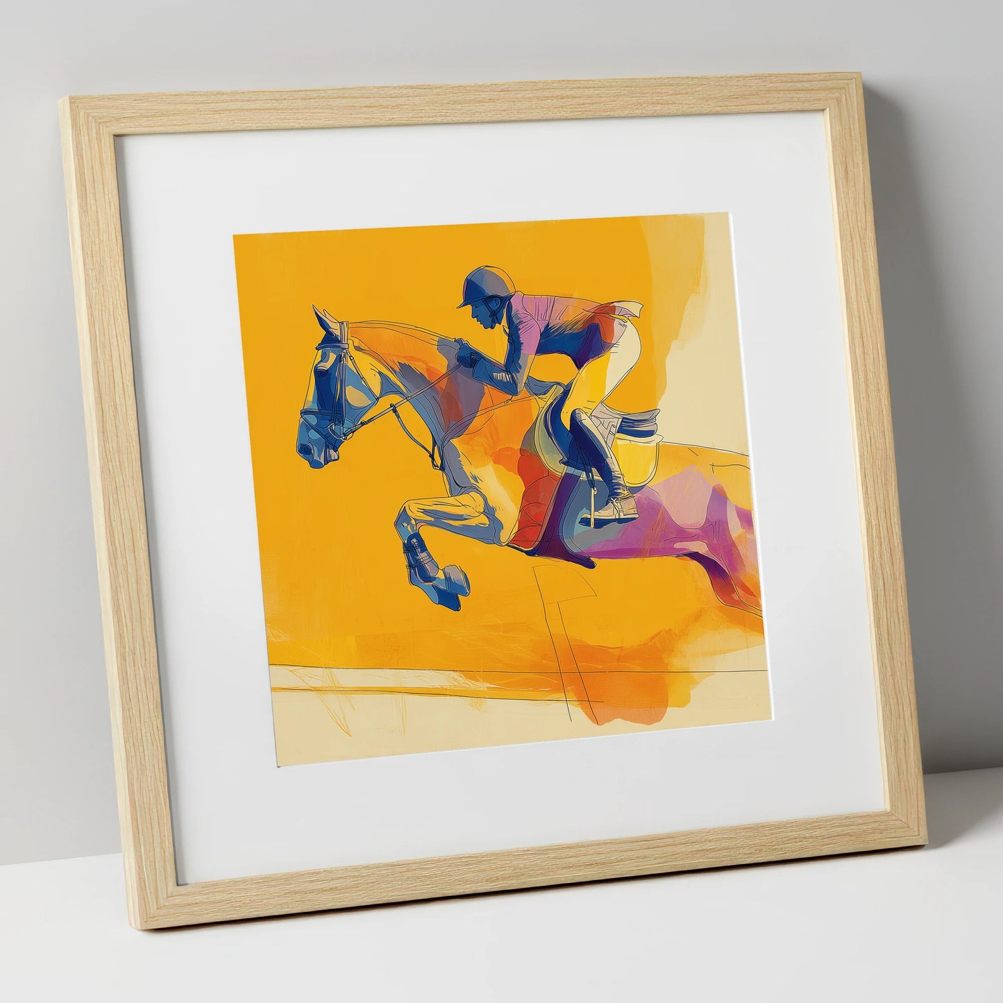 Vivid Golden Flight show jumping horse art print in natural frame