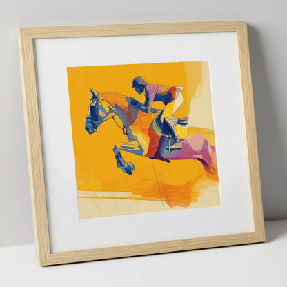 Vivid Golden Flight show jumping horse art print in natural frame